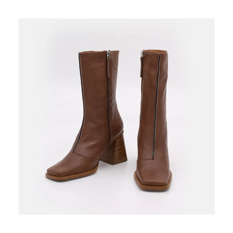 Motagua - Botas De Mujer De Piel Con Tacon De Bloque Robusto