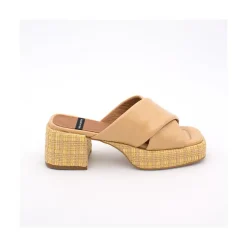 Muses - Mule De Piel Con Pala Cruzada Con Tacon Ancho Y Plataforma De Rafia