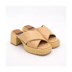 Muses - Mule De Piel Con Pala Cruzada Con Tacon Ancho Y Plataforma De Rafia