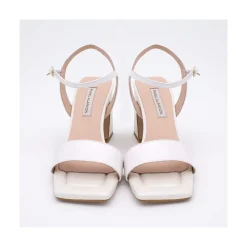 New Megan - Sandalias Comodas De Piel Nacarada Con Tacon Ancho Alto