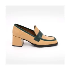Peggy - Mocasin De Piel Brillante Duotono Con Tacon Ancho