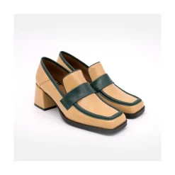 Peggy - Mocasin De Piel Brillante Duotono Con Tacon Ancho